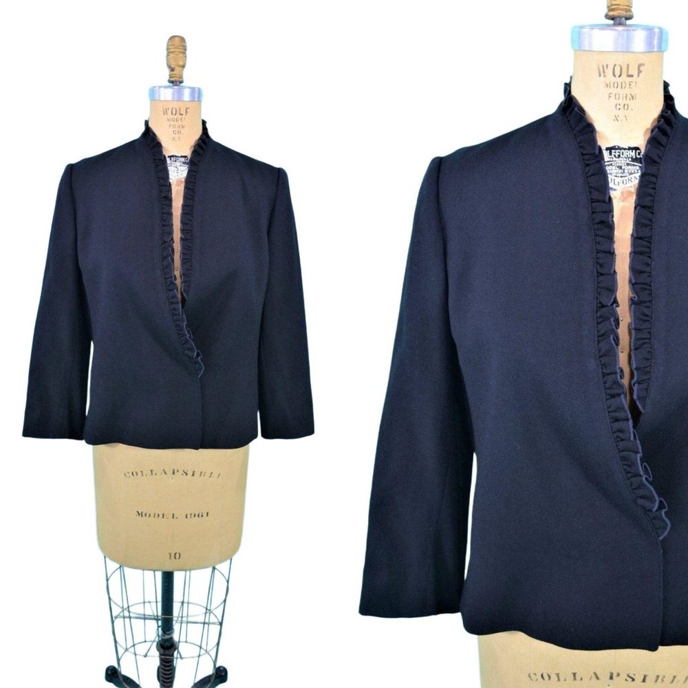 Vintage 80s Black Wool Blazer Ruffle Collar Suit Jacket | W 35"